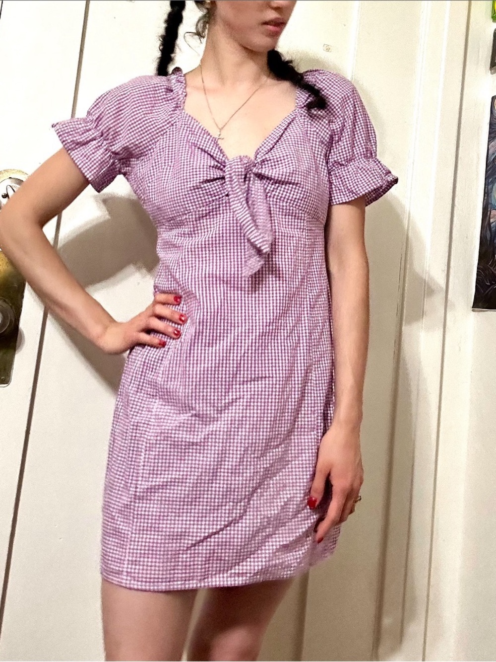 Purple Gingham Tie-Front Mini Dress — Size Small!